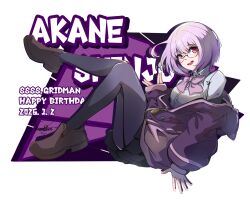  1girl \\// black_skirt bow bowtie breasts brown_shoes character_name collared_shirt commentary copyright_name dated drop_shadow english_text glasses grey_pantyhose gridman_universe hand_up happy_birthday highres jacket kanaklken light_blush long_sleeves looking_at_viewer medium_breasts medium_hair open_mouth pantyhose partially_unzipped pleated_skirt purple_bow purple_bowtie purple_hair purple_jacket red_eyes school_uniform shinjou_akane shirt shoes signature skirt sleeves_past_wrists smile solo ssss.gridman white_background white_shirt 