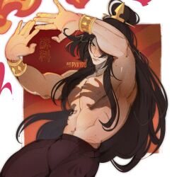 1boy arms_up artist_name avatar:_aang_the_last_airbender avatar_legends black_hair brown_pants chinese_text closed_mouth commentary english_commentary fiery_background fire gold_armband gradient_background hair_ornament hand_shadow_covering_breasts_(meme) hands_up high_ponytail highres long_hair looking_at_viewer male_focus meme mole muscular muscular_male navel no_shirt one_eye_covered pants ponytail pxkibu scar scar_on_face very_long_hair white_background zuko 