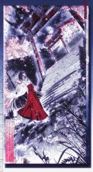  1girl absurdres arrow_(projectile) black_hair blunt_bangs blunt_ends border bow_(weapon) cherry_blossoms closed_mouth falling_petals fox_mask grass hakama hakama_skirt highres hime_cut holding holding_bow_(weapon) holding_mask holding_weapon inuyasha japanese_clothes kikyou_(inuyasha) kimono kitsune kyuubi long_hair long_sleeves mask miko moon multiple_tails multiple_torii night outdoors petals profile red_hakama ribbon-trimmed_kimono ribbon_trim sandals skirt socks solo stairs stone_stairs tabi tail torii very_long_hair violet_eyes walking weapon white_kimono white_socks wide_shot wide_sleeves zaitianzhiling zouri 