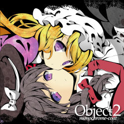  2girls album_cover album_name asymmetrical_sidelocks black_hair black_hat black_skirt blonde_hair bow collared_dress collared_shirt contrast_collar cover dress hair_bow hat hat_bow long_hair looking_at_viewer maribel_hearn mizuse_kiseki mob_cap monochrome_coat multiple_girls necktie purple_dress red_bow red_necktie rotational_symmetry second-party_source shirt sidelocks skirt touhou upper_body usami_renko violet_eyes white_hat white_shirt 