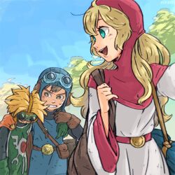  1girl 2boys arm_around_shoulder aviator_cap aviator_goggles bag belt black_bodysuit blonde_hair blue_bag blue_tunic bodysuit brown_bag brown_eyes brown_gloves brown_hair cape capelet clenched_teeth commentary_request dragon_quest dragon_quest_ii dramatica gloves goggles goggles_on_head green_eyes green_gloves green_tabard holding holding_staff hood hood_up long_hair multiple_boys open_mouth orange_cape pink_belt pink_capelet pink_hood prince_of_lorasia prince_of_samantoria princess_of_moonbrook robe short_hair shoulder_bag smile staff sweatdrop tabard teeth tunic upper_body white_robe 