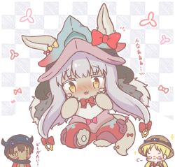  1boy 1girl 1other :3 barefoot black_helmet blonde_hair blush bow brown_bow brown_eyes brown_hair brown_hat checkered_background chibi closed_eyes closed_mouth commentary_request dark-skinned_male dark_skin ears_through_headwear fake_horns furry glasses grey_helmet hat helmet horned_helmet horns long_hair low_twintails made_in_abyss mitarashi_neko nanachi_(made_in_abyss) nose_blush notice_lines pants pointy_ears red_bow red_pants reg_(made_in_abyss) riko_(made_in_abyss) semi-rimless_eyewear translation_request twintails under-rim_eyewear v-shaped_eyebrows 