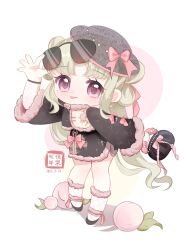  1girl :p adjusting_eyewear ankle_ribbon ankle_socks bag beads black_bag black_hat black_shirt black_shoes black_skirt blonde_hair bow bow-shaped_hair bracelet chibi chinese_clothes chinese_commentary circle closed_mouth commentary_request dated dot_nose double_bun eyelashes fishnet_socks fishnets floral_print food food_print fruit fruit_print fur-trimmed_shorts fur-trimmed_sleeves fur-trimmed_socks fur_anklet fur_trim hair_bow hair_bun hand_on_eyewear handbag happy hat hat_bow highres holding holding_bag infinity_nikki jewelry kwsomeone leg_ribbon light_blush light_particles long_hair mini_hat miniskirt nikki_(series) peach peach_print pencil_skirt pink_bow pink_ribbon pink_shirt print_headwear print_shirt ribbon see-through_hat shadow shirt shoes shorts signature skirt skirt_bow smile socks solo sparkle standing sun_hat sunglasses tareme tasting_the_world_(infinity_nikki) tongue tongue_out two-tone_shirt very_long_hair violet_eyes wavy_hair white_background white_socks wide_sleeves 