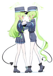  2girls absurdres armband black_jacket black_skirt blue_archive blue_armband blush commentary dancing demon_tail earrings eye_contact from_side gloves green_hair green_halo grin halo hat highres hikari_(blue_archive) holding_hands jacket jewelry long_hair long_sleeves looking_at_another multiple_girls nozomi_(blue_archive) pantyhose peaked_cap pointy_ears siblings simple_background sisters skirt smile standing tail twintails untranslatable_commentary very_long_hair white_background white_gloves white_pantyhose whonyang 