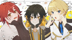  3boys :d :o ? black_gloves black_hair black_shirt blonde_hair blue_eyes blue_necktie blush cheek_squash coat collared_shirt dorayaki earrings fang fingernails flower food gloves gold_trim grey_hoodie hair_flower hair_ornament hanasaki_miyabi hanasaki_miyabi_(1st_costume) hands_on_own_cheeks hands_on_own_face heart highres holostars hood hoodie jewelry kishido_temma kishido_temma_(1st_costume) layered_sleeves long_sleeves male_focus minakami_hiro multicolored_hair multiple_boys necktie pink_flower red_hair ribbed_shirt shirt short_hair short_over_long_sleeves short_sleeves sleeve_cuffs sleeves_past_wrists smile sparkling_eyes spoken_food spoken_heart spoken_question_mark star_(symbol) upper_body virtual_youtuber wagashi white_coat white_shirt wide_sleeves yatogami_fuma yatogami_fuma_(1st_costume) yellow_eyes 