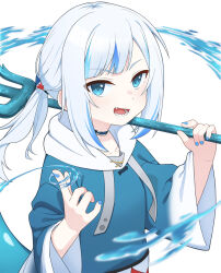  1girl alternate_hairstyle blue_choker blue_eyes blue_hair blue_hoodie blush choker collarbone commentary_request english_commentary fang fins fish_tail gawr_gura hair_ornament highres hololive hololive_english hood hood_down hoodie korean_commentary long_hair looking_at_viewer mixed-language_commentary multicolored_hair open_mouth polearm ponytail shark_girl shark_tail sharp_teeth sidelocks simple_background solo streaked_hair tail teeth trident ugaaaa1 upper_body virtual_youtuber water weapon white_background white_hair wide_sleeves 