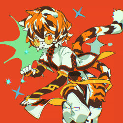  1girl absurdres arknights boots brown_hair capelet chi_ya commentary frown furry furry_female highres looking_at_viewer multicolored_hair orange_background orange_eyes orange_hair shirt short_hair simple_background solo sparkle striped_fur sunglasses thigh_boots tiger_girl tinted_eyewear waai_fu_(arknights) white_boots white_capelet white_hair white_shirt yellow-tinted_eyewear 