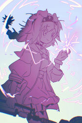  1girl absurdres animal_ears arknights blue_background braid cat_ears chi_ya choker commentary cowboy_shot electricity gloves goldenglow_(arknights) gradient_background headband highres holding holding_staff lightning_bolt_print looking_to_the_side shirt skirt smile solo staff 
