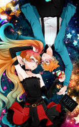  2boys arms_up ball bare_shoulders belt belt_buckle belt_collar black_belt black_collar black_dress black_pants black_sleeves blonde_hair blue_jacket brown_eyes buckle collar collared_shirt commentary_request contrast_collar cowboy_shot cross-laced_clothes cross-laced_dress crossdressing crossdressing_(mtf) crossover detached_sleeves dice dress face-to-face frilled_dress frilled_skirt frills gatchaman_crowds glasses gradient_hair haikyuu!! hair_spread_out high_side_ponytail hinata_shouyou jacket long_hair long_sleeves looking_at_another looking_at_viewer lying male_focus monicanc multicolored_hair multiple_boys murase_ayumu ninomiya_rui object_floating_above_hand on_back open_clothes open_jacket orange_hair pants parted_lips red-framed_eyewear rotational_symmetry shirt short_dress side_ponytail sidelocks skirt sleeves_past_wrists star_(sky) starry_sky_background striped_clothes striped_shirt studded_belt suspender_pants tablet_pc tile_floor tiles trap turning_head two-tone_skirt vertical-striped_clothes vertical-striped_shirt very_long_hair voice_actor_connection white_shirt 