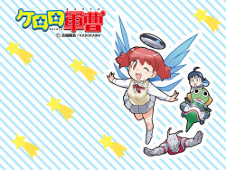  alien black_eyes black_hair bow bowtie cardigan copyright_name frog hat hinata_fuyuki hinata_natsumi hood hoodie keroro keroro_gunsou long_hair motor_vehicle motorcycle official_art official_wallpaper one_eye_closed pink_hair red_eyes school_uniform shirt short_hair simple_background skirt socks star_(symbol) twintails yoshizaki_mine 