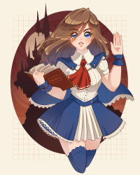  1girl ascot blue_capelet blue_eyes blue_skirt blue_thighhighs book brown_hair capelet castle castlevania:_portrait_of_ruin castlevania_(series) charlotte_aulin hair_between_eyes highres holding holding_book long_hair looking_at_viewer lysum parted_lips red_ascot shirt skirt smile thigh-highs white_shirt 