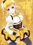  bad_id beret blonde_hair blush detached_sleeves drill_hair fingerless_gloves gloves hanata hat highres light_smile mahou_shoujo_madoka_magica open_mouth puffy_sleeves solo thigh-highs thighhighs tomoe_mami twin_drills yellow_eyes zettai_ryouiki 