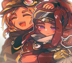  ... 1boy 1girl :d ^_^ alternate_hair_length_(longer) arm_at_side arm_up black_sweater blurry blush breasts brown-framed_eyewear brown_gloves brown_hat brown_shirt closed_eyes colored_eyelashes commentary_request cookie_run cookie_run:_ovenbreak croissant_cookie croissant_cookie_(director_of_the_tbd) dark-skinned_female dark-skinned_male dark_skin depth_of_field dot_nose dreadlocks drill_hair drill_ponytail eyes_visible_through_hair fingernails gloves goggles goggles_on_head goggles_on_headwear grey_scarf hand_on_another's_head hand_on_own_arm hat high_ponytail highres humanization inverted_eyelashes long_hair low_ponytail newsboy_cap notice_lines official_alternate_costume official_alternate_hairstyle omoyu_(nakyu715) open_mouth polka_dot polka_dot_gloves polka_dot_shirt ponytail raised_inner_eyebrows red_hair scar scar_on_cheek scar_on_face scarf shirt side-by-side simple_background single_sidelock small_breasts smile spoken_ellipsis string_gummy_cookie sweater teeth thick_eyebrows tongue turtleneck turtleneck_sweater upper_body upper_teeth_only violet_eyes white_background yellow-framed_eyewear 
