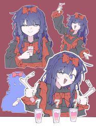  +_+ 1girl :d alcohol arm_up black_dress black_souls black_souls_2 blue_eyes blue_hair blunt_bangs blush border bow bow_hairband bowtie bright_pupils commentary cup cushion_(cushion_cover) dress drink drinking_glass frilled_dress frilled_sleeves frills glass gothic_lolita gradient_eyes hair_bow hairband half-closed_eyes highres hime_cut holding holding_cup holding_drink index_finger_raised lolita_fashion long_hair long_sleeves looking_at_viewer mabel_(black_souls) multicolored_eyes multiple_views open_mouth outline outside_border pointing purple_hair raised_eyebrow red_background red_bow red_bowtie red_dress red_hairband sidelocks silhouette smile smirk smug solo sparkling_eyes star-shaped_pupils star_(symbol) symbol-shaped_pupils two-tone_dress upper_body v-shaped_eyebrows very_long_hair white_border white_outline yellow_pupils 