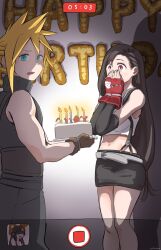  1boy 1girl bare_legs bare_shoulders birthday birthday_cake black_hair black_skirt black_sleeves blonde_hair blue_eyes blush brown_gloves cake cloud_strife commentary_request covering_own_mouth crop_top dated detached_sleeves feet_out_of_frame final_fantasy final_fantasy_vii fingerless_gloves food gloves happy_birthday highres holding long_hair looking_at_another looking_at_viewer low-tied_long_hair materia midriff miniskirt navel open_mouth recording red_eyes red_gloves short_hair skirt sleeveless sleeveless_turtleneck spiky_hair standing sweater tank_top tifa_lockhart turtleneck turtleneck_sweater viewfinder white_tank_top wolkat 