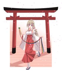  1girl 9-nine- absurdres alternate_costume backlighting bare_shoulders blue_eyes blue_ribbon blush border bow breasts brown_hair closed_mouth collarbone commentary detached_sleeves eyes_visible_through_hair falling_petals folding_fan full_body gear_hair_ornament green_ribbon hair_between_eyes hair_ornament hakama hakama_skirt hand_fan hands_up high-waist_skirt highres holding holding_fan japanese_clothes kimono kujou_miyako large_breasts long_hair long_ribbon long_sleeves looking_at_viewer miko outdoors outside_border petals ponytail red_bow red_hakama red_ribbon ribbon ribbon-trimmed_sleeves ribbon_trim sandals shiroha_daisuki sidelocks skirt smile solo split_mouth standing standing_on_one_leg tabi tassel tassel_hair_ornament torii very_long_hair white_border white_kimono wide_sleeves wing_hair_ornament zouri 