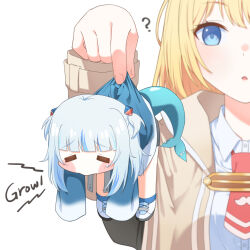  2girls ? absurdres black_shorts blonde_hair blue_eyes blue_hoodie blue_skirt blue_socks blunt_bangs blush brown_jacket chibi collared_shirt commentary_request drawstring dress_shirt english_commentary english_text fins fish_tail full_body gawr_gura hair_between_eyes highres holding holding_mini_person hololive hololive_english hood hoodie jacket korean_commentary long_hair long_sleeves looking_at_viewer mini_person minigirl mixed-language_commentary multicolored_hair multiple_girls necktie open_clothes open_jacket open_mouth red_necktie shark_girl shark_tail shirt shoes short_necktie short_shorts shorts sidelocks simple_background skirt socks streaked_hair tail two_side_up ugaaaa1 upper_body virtual_youtuber watson_amelia white_background white_shirt white_shoes yurie_mouth 