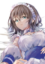  1girl absurdres aoi_erika aoi_erika_(deliverer_of_miracle) black_hair blue_eyes closed_mouth heaven_burns_red highres looking_at_viewer lying maid maid_headdress no53_(pixiv_77486930) on_back short_hair upper_body 