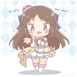  1girl :d argyle_background blush boots bow brown_eyes brown_hair center_frills commentary_request english_text frills hat holding holding_microphone idolmaster idolmaster_cinderella_girls jacket layered_skirt long_hair looking_at_viewer microphone mini_hat mitarashi_neko outstretched_arm pink_hat pleated_skirt puffy_short_sleeves puffy_sleeves red_bow shadow shirt short_sleeves skirt smile solo standing striped_clothes striped_jacket striped_shirt striped_skirt tachibana_arisu tears tilted_headwear vertical-striped_clothes vertical-striped_jacket vertical-striped_shirt vertical-striped_skirt very_long_hair white_boots wrist_cuffs 