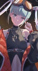  1girl absurdres aqua_eyes aqua_hair blush breasts chain chain_necklace clothing_cutout commentary_request goggles goggles_on_head hair_ornament hatsune_miku highres holding holding_megaphone jewelry long_hair magical_mirai_(vocaloid) magical_mirai_miku magical_mirai_miku_(2023) medium_breasts megaphone musical_note naturally_detached_hair navel necklace official_alternate_costume official_alternate_hairstyle open_mouth red_hair ring_hair_ornament saato smile solo stomach stomach_cutout teeth twintails very_long_hair vocaloid 