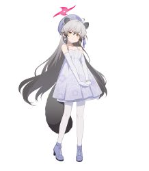  1girl absurdres animal_ears bare_shoulders bell beret blue_archive boots choker dress earrings elbow_gloves full_body gloves grey_hair halo hat high_heel_boots high_heels highres jewelry long_hair looking_at_viewer michiru_(blue_archive) michiru_(dress)_(blue_archive) neck_bell official_alternate_costume official_art pantyhose raccoon_ears raccoon_girl raccoon_tail red_halo shuriken_earrings solo tail transparent_background white_dress white_gloves white_pantyhose yellow_eyes 