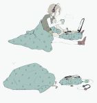  blanket blush_stickers braid brown_hair computer computer_mouse cup drawing_tablet eventh7 green_eyes headphones highres laptop mug original pillow shorts sitting socks stylus tablet 