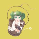  bandage bandages bandaid bucket chibi child flat_chest futaki_nia girl_in_bucket green_eyes green_hair hair_bobbles hair_ornament hammer in_bucket in_container kisume open_clothes open_mouth repairing simple_background solo sooki star stare touhou twintails wide-eyed wide_eyed 