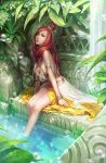 black_eyes bracelet breasts bubble bun_cover cleavage dress feet_in_water gotgituey hair_bun jewelry large_breasts lips long_hair necklace original realistic red_hair redhead sitting soaking_feet solo water 