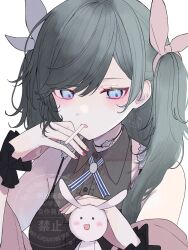  1girl black_shirt blue_eyes blush bow brown_cardigan candy cardigan choker collared_shirt food food_in_mouth green_hair grey_bow hair_bow highres lollipop lollipop_in_mouth long_hair muta_(82y_46p) original pink_bow shirt solo strapless strapless_shirt stuffed_animal stuffed_rabbit stuffed_toy twintails 
