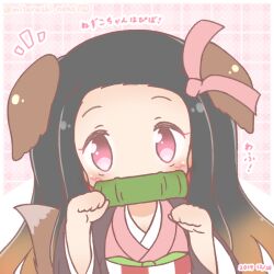  1girl animal_ears bamboo bit_gag blush checkered_sash commentary_request dog_ears dog_girl dog_tail gag hair_ribbon hands_up japanese_clothes kamado_nezuko kemonomimi_mode kimetsu_no_yaiba kimono long_sleeves mitarashi_neko notice_lines obi open_clothes paw_pose pink_eyes pink_kimono pink_ribbon plaid_background ribbon sash solo tail translation_request upper_body wide_sleeves 
