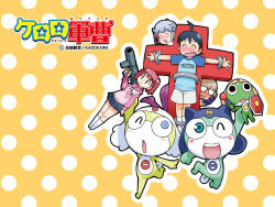  alien black_eyes black_hair blue_eyes blue_hair brown_hair cellphone character_request colored_skin copyright_name frog glasses green_skin hat hinata_fuyuki hinata_natsumi hood hoodie keroro keroro_gunsou long_hair nishizawa_momoka official_art official_wallpaper one_eye_closed orange_background phone pink_hair shirt short_hair shorts simple_background skirt socks star_(symbol) t-shirt twintails yoshizaki_mine 