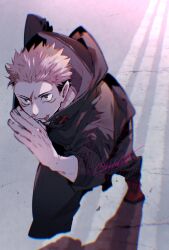  1boy aoi_(aoi68) black_jacket black_pants brown_eyes closed_mouth commentary_request full_body highres hood hooded_jacket itadori_yuji jacket jujutsu_kaisen male_focus outdoors pants pink_hair red_shoes running scar scar_on_face scar_on_forehead scar_on_mouth shoes short_hair solo twitter_username watermark 