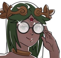  1girl animated animated_gif bad_id bad_tumblr_id circlet glasses green_eyes green_hair kid_icarus kid_icarus_uprising looking_at_viewer opaque_glasses palutena partially_opaque_glasses round_eyewear simple_background smile solo sparkle splashbrush upper_body white_background 