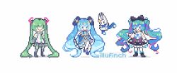  3girls absurdly_long_hair aqua_hair artist_name black_bow blue_dress blue_hair bow commentary detached_sleeves dress english_commentary hair_bow hair_ornament hatsune_miku illufinch long_hair magical_mirai_(vocaloid) magical_mirai_miku magical_mirai_miku_(2016) miku_day multicolored_hair multiple_girls multiple_persona pixel_art rabbit rabbit_yukine simple_background skirt smile standing streaked_hair twintails very_long_hair white_background yuki_miku yuki_miku_(2017) 
