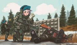  1girl 2girls absurdres ar-15 assault_rifle backpack bag beret black_boots blue_sky boots brown_gloves bug bulletproof_vest bullpup butterfly camouflage corpse drink_carton escape_from_tarkov fence fingerless_gloves first_aid glasses gloves grass gun handgun hat headset highres holding holding_drink_carton holding_milk_carton holster kalashnikov_rifle marpaparp military military_uniform milk_carton multiple_girls on_one_knee open_mouth purple_hair red-framed_eyewear rifle scope sky smile steyr_aug steyr_aug_(upotte!!) thigh_holster tree weapon yellow_eyes 