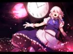  black_legwear braid clock clock_tower dutch_angle full_moon gloves highres izayoi_sakuya letterboxed maid maid_headdress moon open_mouth rby red_eyes shikihara_mitabi short_hair silver_hair solo the_embodiment_of_scarlet_devil thigh-highs thighhighs touhou tower twin_braids white_gloves 
