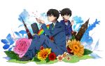  bad_id big_ben black_hair blue_eyes bowtie building cherry_blossoms child detective_conan dual_persona edogawa_conan flower formal glasses groundsel kudou_shin'ichi kudou_shinichi landmark male meitantei_conan multiple_boys necktie petals pink_rose rainbow ro_k_ko_tsu rose senecio sitting standing suit sunflower tokyo_tower yellow_weed 