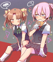  2girls :t ? bike_shorts bike_shorts_under_skirt black_skirt blue_eyes blush bow breasts brown_hair collared_shirt commentary_request double-parted_bangs eating feet_out_of_frame food frown gloves green_ribbon grey_background grey_vest hair_between_eyes hair_bow halftone halftone_background holding holding_food kagerou_(kancolle) kantai_collection kneehighs looking_at_another medium_breasts medium_hair multiple_girls onigiri oomori_(kswmr) outline pleated_skirt ponytail red_background red_outline red_ribbon ribbon shiranui_(kancolle) shirt short_sleeves sidelocks sitting skirt socks speech_bubble spoken_question_mark spoken_squiggle squiggle twintails two-tone_background vest violet_eyes white_gloves white_outline white_shirt white_socks yellow_bow 