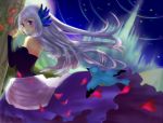  bird blue_eyes blush detached_sleeves dress fukuda935 gwendolyn hair_ornament long_hair odin_sphere petals solo thigh-highs thighhighs white_legwear white_thighhighs 