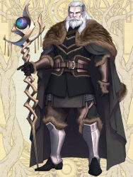  1boy armor balzac_granberg beard belt black_boots black_gloves boots bracer cape coat dairoku_ryouhei facial_hair fur-trimmed_boots fur-trimmed_coat fur_cape fur_trim gloves highres holding holding_staff jinkichi_(y_nikichi11044) long_hair male_focus old old_man staff 