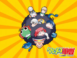  afro alien ball black_eyes black_hair brown_hair character_request copyright_name frog glasses grey_eyes grey_hair hat headphones hinata_fuyuki hinata_natsumi houjou_mutsumi keroro keroro_gunsou kururu_(keroro_gunsou) long_hair official_art official_wallpaper one_eye_closed orange_background pink_hair red_eyes shirt short_hair simple_background soccer_ball sunglasses tadpole tamama twintails yoshizaki_mine 
