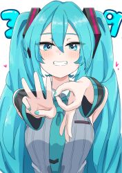  1girl 39 blue_eyes blue_hair blue_nails blue_necktie blush clenched_teeth collared_shirt colored_eyebrows commentary concentrat0ray detached_sleeves dot_nose grey_shirt hair_between_eyes hair_ornament hatsune_miku heart highres long_hair looking_at_viewer miku_day nail_polish necktie number-shaped_hands shirt simple_background sleeveless sleeveless_shirt smile solo teeth tie_clip twintails untranslatable_commentary upper_body vocaloid white_background 