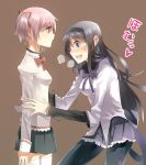  2girls akemi_homura bad_anatomy bad_proportions drooling heavy_breathing highres homu kakei kaname_madoka magical_girl mahou_shoujo_madoka_magica multiple_girls pantyhose profile saliva school_uniform simple_background thigh-highs thighhighs time_stop translated trembling white_legwear yuri zettai_ryouiki 