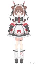  1girl alternate_costume animal_ear_hairband animal_ears apron arm_warmers belt black_arm_warmers black_belt black_dress black_ribbon black_shoes black_thighlet broken_heart broken_heart_hair_ornament brown_hair collared_dress commentary double_bun dress eenightlamp english_commentary evil_neuro-sama fake_animal_ears frilled_apron frills full_body hair_between_eyes hair_bun hair_ornament hair_ribbon hairband heart heart_hair_ornament high-waist_belt highres leg_warmers looking_at_viewer maid_headdress medium_hair necktie open_mouth red_eyes red_necktie ribbon shoes short_dress short_sleeves solo standing straight-on twitter_username vedal987 vedal_ai virtual_youtuber white_apron white_headdress white_leg_warmers zipper 