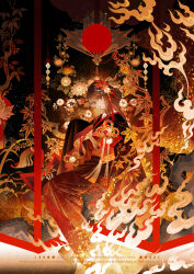  1girl absurdres black_hair black_kimono branch brown_eyes brown_hair burning fire flower folding_fan hair_ornament hand_fan highres holding holding_fan japanese_clothes kimono leaf long_hair looking_at_viewer original sainker sitting sleeves_past_fingers sleeves_past_wrists solo straight_hair tree wide_sleeves 
