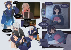  2girls =_= absurdres animal_ears black_hair black_shirt blue_hair blue_hoodie blue_kimono blue_shirt cho_kaguya-hime! colored_inner_hair commentary english_commentary english_text fox_ears fox_girl fox_tail green_eyes hair_ornament hair_rings hair_stick highres hood hoodie hug japanese_clothes kimono long_hair lying mole mole_under_eye multicolored_hair multiple_girls omnlet on_back on_side open_mouth pink_hair runami_yachiyo sakayori_iroha shirt short_kimono speech_bubble straight_hair tablet_pc tablet_stand tail twintails umbrella_octopus very_long_hair white_hair yuri 