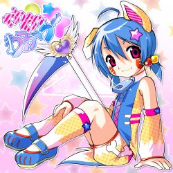 1girl 2000s_(style) ahoge all_fours animal_ears bare_shoulders blue_shirt blue_shoes blush_stickers bone_print canihavepromo closed_mouth colorful commentary cube cube_hair_ornament detached_sleeves dog_ears dog_girl dog_tail double-parted_bangs english_commentary fangs fangs_out full-length_zipper gem hair_between_eyes hair_ornament heart heart-shaped_gem heart_hair_ornament highres kneehighs long_sleeves looking_at_viewer lottie_(gravyalloverhim) low_twintails mary_janes medium_hair original parody pink_eyes pink_trim polka_dot polka_dot_shirt polka_dot_shorts polka_dot_sleeves polka_dot_socks puffy_shorts purple_gem red_trim scythe shirt shoes short_shorts shorts sitting smile socks star_(symbol) star_hair_ornament star_symbol_background style_parody tail translation_request turtleneck turtleneck_shirt twintails two-tone_sleeves two-tone_socks watanabe_akio_(style) white_sleeves white_socks winged_heart wings yellow_shirt yellow_shorts yellow_sleeves yellow_socks zipper zipper_pull_tab