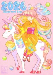  1girl 2026 absurdres blonde_hair blue_hair bow candy chinese_zodiac closed_mouth commentary_request curly_hair food food_print full_body green_eyes hair_bow happy_new_year highres horse horseback_riding japanese_clothes kazamati_soyoka kimono konpeitou long_hair looking_at_animal multicolored_hair new_year obi obiage original pink_background pink_hair pink_sash print_kimono purple_bow rainbow_hair riding sandals sash sidesaddle smile socks solo unicorn watermark white_socks wide_sleeves year_of_the_horse yellow_kimono zouri 