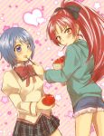  apple bad_id blue_eyes blue_hair blush casual cutoffs feeding food fruit heart holding holding_apple holding_fruit long_hair looking_away mahou_shoujo_madoka_magica miki_sayaka multiple_girls pocky ponytail red_eyes red_hair redhead sakura_kyouko school_uniform short_hair shorts shy star tamaichi yuri 