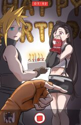  1boy 2girls bare_legs bare_shoulders birthday birthday_cake black_hair black_skirt black_sleeves blonde_hair blue_eyes blush brown_gloves cake cloud_strife commentary_request covering_own_mouth crop_top dated detached_sleeves feet_out_of_frame final_fantasy final_fantasy_vii fingerless_gloves food gloves happy_birthday highres holding long_hair looking_at_another looking_at_viewer low-tied_long_hair materia midriff miniskirt multiple_girls navel open_mouth orange_gloves pov pov_hands recording red_eyes red_gloves short_hair skirt sleeveless sleeveless_turtleneck spiky_hair standing sweater tank_top tifa_lockhart turtleneck turtleneck_sweater viewfinder white_tank_top wolkat yuffie_kisaragi 